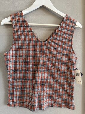 Textured V-Neck Plaid Tank Top in Orange, Black & White
